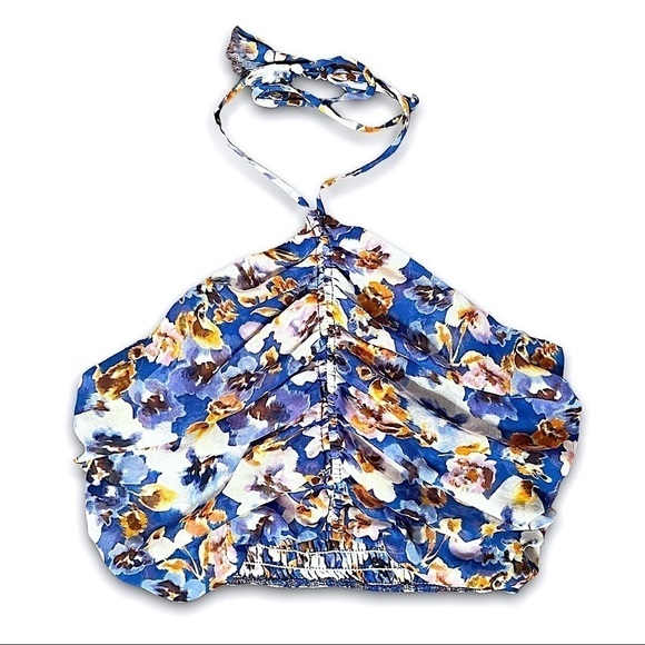 MISA LOS ANGELES Floral Ruched Smocked Sleeveless Halter Neck Chiffon Crop Top M - Picture 5 of 16